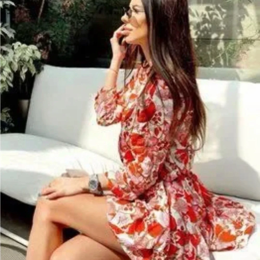 Zara Red and Pink Floral Tiered Mini Dress - Picture 2 of 6